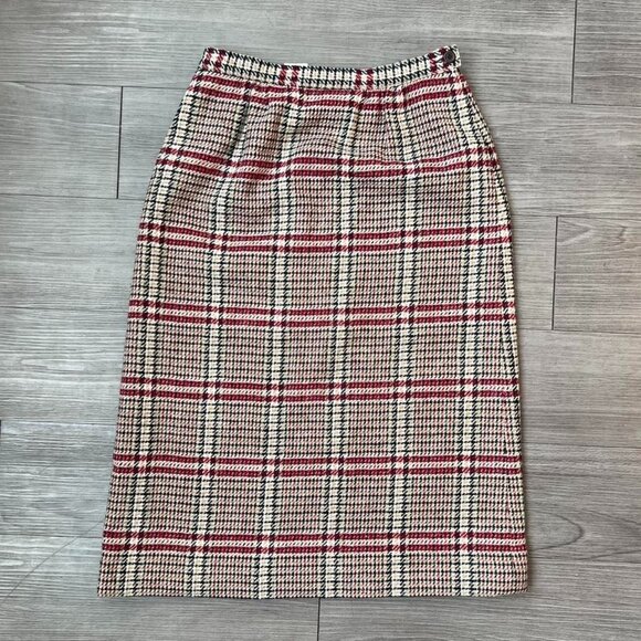 Vintage 80s Pendleton Wool Tan & Red Plaid Tartan Knee Length Skirt Size XS - Picture 1 of 5